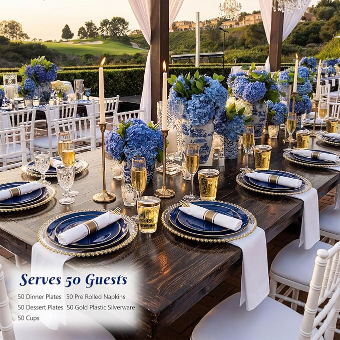 KIRE 350Pcs Blue and Gold Plates -Heavy Duty Navy Blue Dinnerware Set - 100 Plastic Plates 50 Pre Rolled Napkins with Gold Plastic Silverware 50 Cups for Birthday/Wedding/Parties/Passover/Graduation