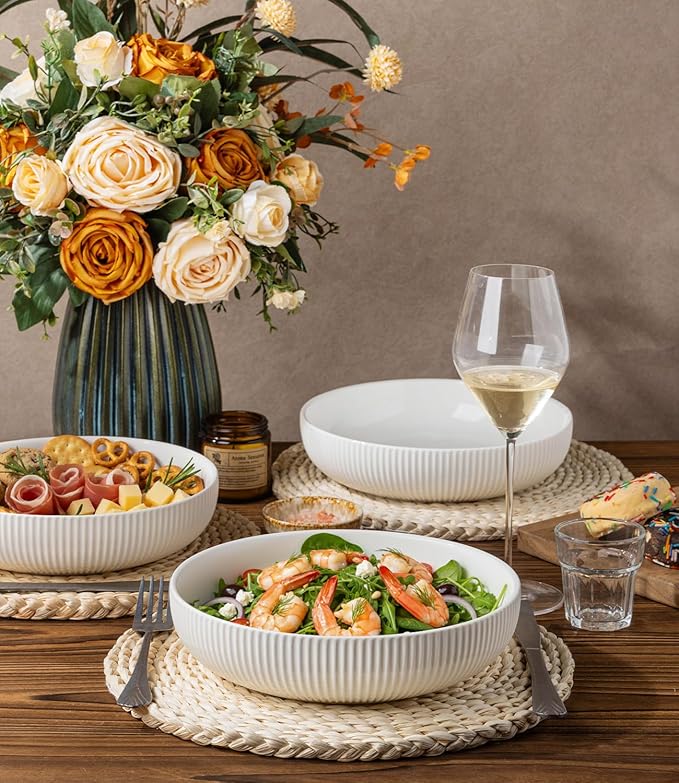 theterra 8.5'' Ceramic Pasta Bowls, Salad Bowls Set of 4, Stoneware Serving Bowls for Fruits, Noodle, Dinner, House-warming Wedding Present, Bright White