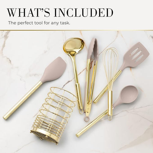 7-Piece Beige & Gold Kitchen Utensils Set – Non-Toxic Silicone & Stainless Steel Tools for Cooking, Serving, & Hosting – Ideal for Nonstick Cookware & Modern Kitchens, with Gold Utensil Holder