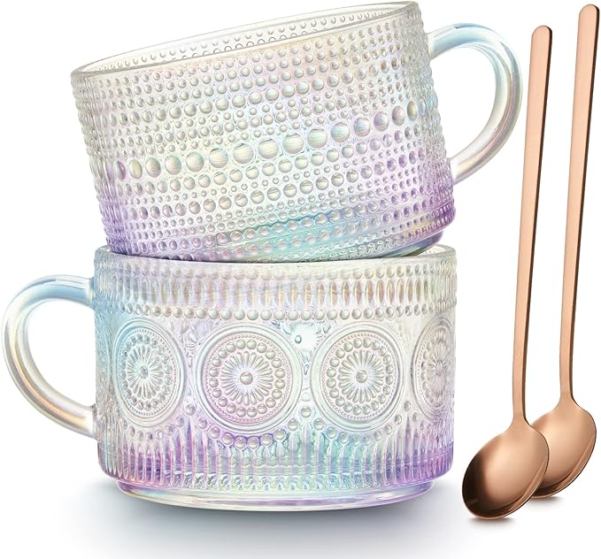 MFACOY Vintage Coffee Mugs Set of 2, 14 oz Iridescent Embossed Glass Tea Cups with Handle for Cappuccino, Latte, Hot or Cold Beverages