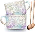 MFACOY Vintage Coffee Mugs Set of 2, 14 oz Iridescent Embossed Glass Tea Cups with Handle for Cappuccino, Latte, Hot or Cold Beverages