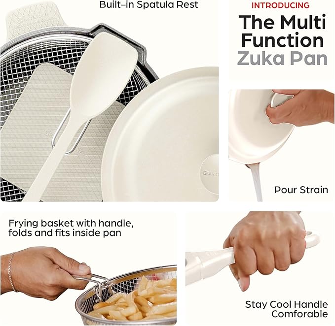 ZUKA 10 in 1 Ceramic Pan by Granitestone, Large 12 Inch Saute Pan with Lid Serves as Deep Frying Pan Set with Steamer, Everyday Skillet, Non Toxic Ceramic Nonstick, Induction Oven & Dishwasher Safe