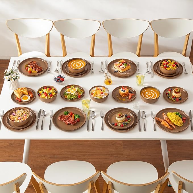 vancasso ZERMATT Stoneware Dinnerware Set for 8, 24 Pieces Plates and Bowls Sets for Kitchen, Reactive Glaze Dishes Set for 8, Dishwasher & Microwave Safe, Brown