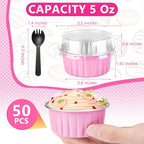 Mini Cake Pans 50 Packs with Lids and Spoons,Rectangle Aluminum Foil Loaf Baking Pans Tins Containers,Cupcake Containers Wrappers Cheesecake Creme Brulee Ramekins-6.8 Oz (Pink Round, 50 Packs)