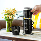 Signature Housewares Stackable Coffee Mug Tower Set with Metal Wire Rack - 15 Ounce Coffee Mugs for Coffee, Tea, Cocoa, Milk, Cappuccino, Hot Chocolate Set of 4 - Be Happy Matte Black