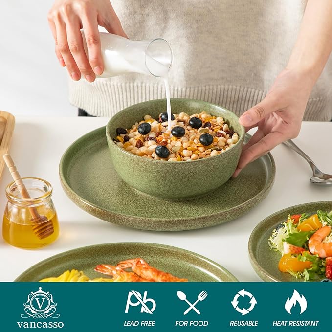 vancasso ZERMATT Stoneware Plates and Bowls Sets for 6, 18 Pieces Dinnerware Set for Kitchen, Chip Resistant Reactive Glaze Dishes, Dishwasher & Microwave Safe, Green