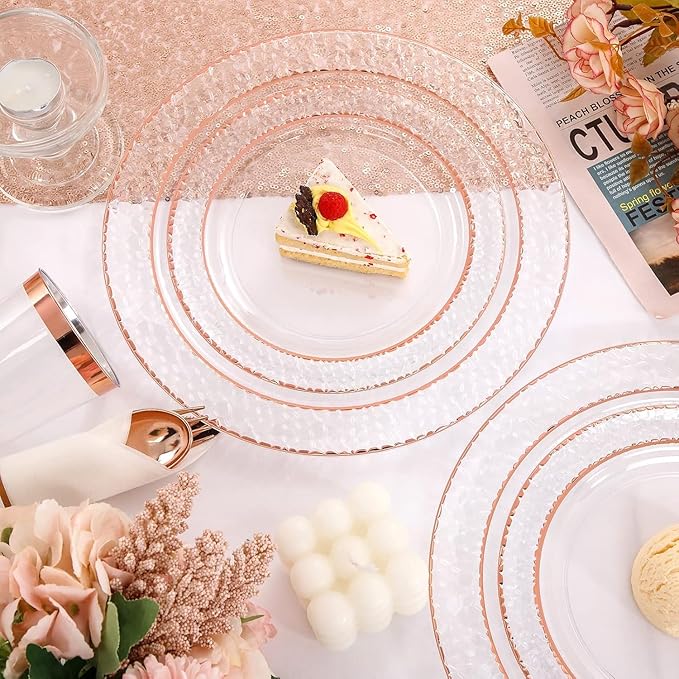Liacere 350PCS Rose Gold Plastic Plates-Clear Rose Disposable Plates 50 Guests include 50 Dinner Plates,50 Salad Plates,50 Forks,50 Knives,50 Spoons,50 Cups,50 Napkins for Wedding & Mothers Day