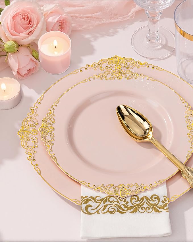 Nervure 350PCS Pink Plastic Plates - Pink Plastic Dinnerware Sets for 50 Guests - 100 Disposable Plates, 150 Gold Silverware, 50 Cups, 50 Napkins Perfect for Wedding & Party & Mother's Day