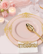 Nervure 350PCS Pink Plastic Plates - Pink Plastic Dinnerware Sets for 50 Guests - 100 Disposable Plates, 150 Gold Silverware, 50 Cups, 50 Napkins Perfect for Wedding & Party & Mother's Day
