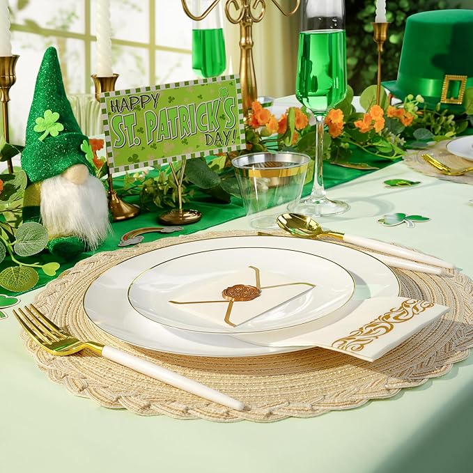 175 Pieces White Gold Plastic Dinnerware Set, Gold Disposable Plates for Party, Include 50 White Plates with 75 Plastic Cutlery, 25 Napkins and 25 Cups
