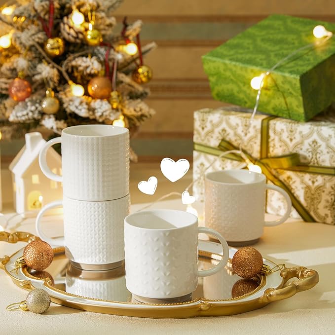 Sweese Stackable Coffee Mugs Set of 4, 10 oz Porcelain Coffee Cups with Embossed Design, White Cappuccino Cups, Stackable Mugs with Handle for Coffee, Latte, Tea