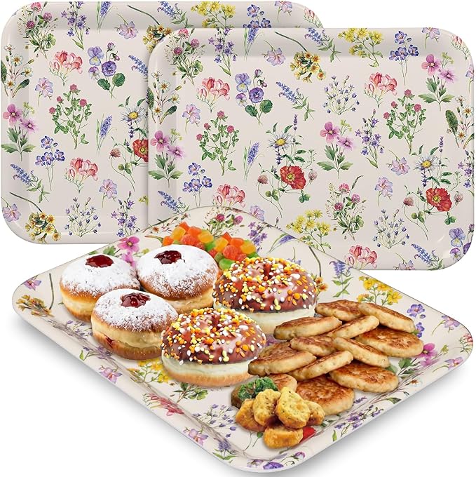 Vesici 3 Pcs Wildflower Serving Trays 13 x 10 Inch Vintage Flower Melamine Platters Reusable Rectangular Serving Dishes for Wedding Bridal Tea Party Sharing Snacks Fruit Dessert Candy