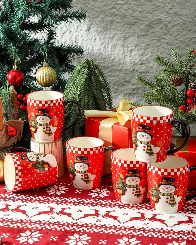 HASENSE Ceramic Coffee Mugs Set, 15oz Holiday Cups Set of 6, Holiday Cups with Handles for Hot Cocoa,Coffee,Idea Gifts for Women,Family,Friends, Red & Withe