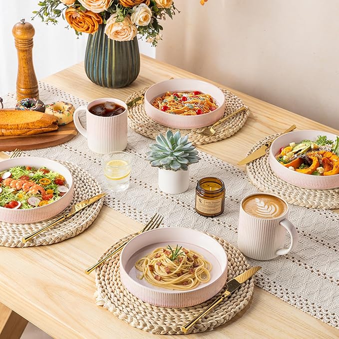 theterra 7.5'' Ceramic Pasta Bowls, Salad Bowls Set of 4, Stoneware Serving Bowls for Fruits, Noodle, Dinner, House-warming Wedding Present, Primrose Pink