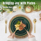 WDF Partyware 350PCS Green and Gold Plates - Green Plastic Plates 50Guests Plastic Plate with Rolled Napkins for Party/Birthday