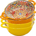 XKXKKE 4 Pack Boho Ceramic Serving Bowls with Handles, 40 Oz Porcelain Salad Bowls, Large Serving Dishes for Entertaining, Mixing Bowls for Soup, Stew, Pasta, Cereal, Colorful Embossed Cute Bowls Set