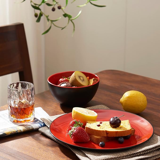 TP 12-Piece Melamine Dinnerware Sets, Plates and Bowls Dishes Set for 4, Break-Resistant & Non-Microwavable, Lightweight Dinner Plates, Matt Black and Red
