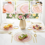 N9R 180 PCS Disposable Dinnerware Set with Gold Rim for 30 Guests, Pink Plastic Plates Include 30 Dinner Plate, 30 Dessert Plates, 30 Cups, 90 Heavy Duty Gold Plastic Silverware for Party & Wedding