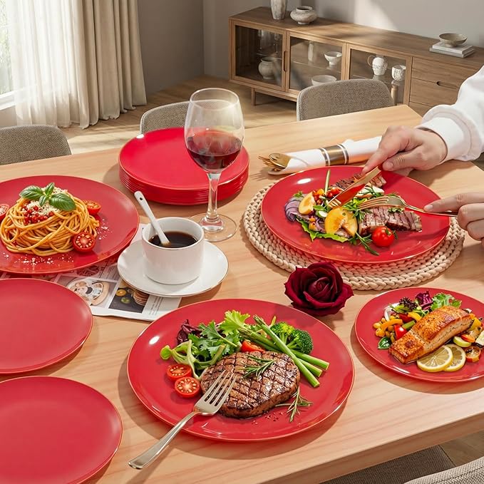 KIRE 350PCS Red Plastic Plates - Heavy Duty Red Plates Disposable - 50Guest Plastic Dinnerware Include 50Dinner Plate,50Dessert Plate,50Pre Rolled Napkins with Silverware for Valentine's Day&Wedding
