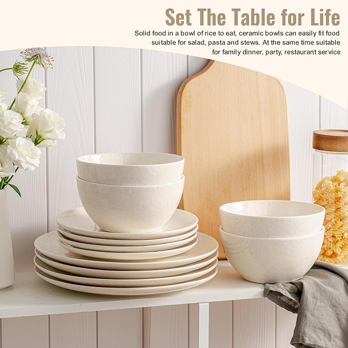Dafuceramic Plates and Bowls Sets,12 Pieces Beige Dinnerware Sets for Kitchen, Reactive Glaze Dishes Set for 4, Dishwasher and Microwave Safe, Series Starflecked Shore (Beige)