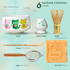 Matcha Gift Set 6 Pcs – Ceramic Bowl, Bamboo Whisk, Whisk Holder, Scoop, Sifter & Cloth – Traditional Japanese Set for Green Tea by Aprika Matcha (White with Cats)