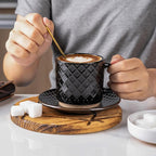 GBhome 6OZ Stackable Coffee Mugs with Stand and Saucer, Ceramic Coffee Mugs Set of 4 with Texture Patterns for Man,Woman,Dad,Mom, Modern Coffee Cups for Latte/Espresso. Dishwasher&Microwave Safe