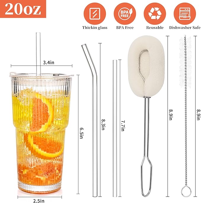 Amyoole 20 oz Ribbed Glass Tumblers With Lids and Straws,Clear Drinking Glasses Set of 4,Reusable Vintage Iced Coffee Cups,Leak Proof Thick Glass Cups for Juice,Cocktail,Smoothie,Beer,Boba