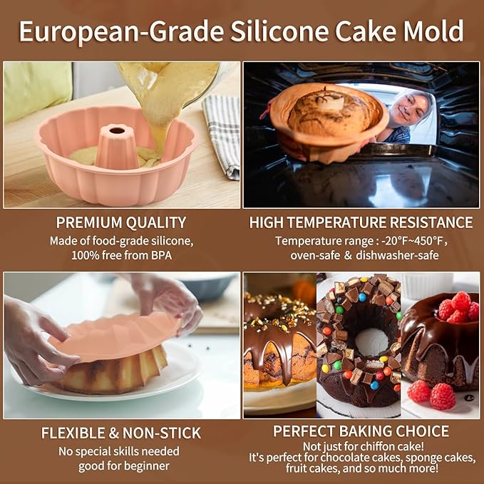 2 Pack Silicone Cake Pan Nonstick,10 Inch, Silicone Cake Molds,Pound Cake Pan, Baking Cake Pan for Jello,Gelatin,Cake,Brownie and Bread（Red+Blue）