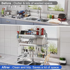 LIVOD Over The Sink Dish Drying Rack,3 Tier Adjustable Length Full Stainless Steel Large Storage Kitchen Dish Rack,for Kitchen Counter Expandable Multifunctional Organizers,Silver (25.98-37.6")