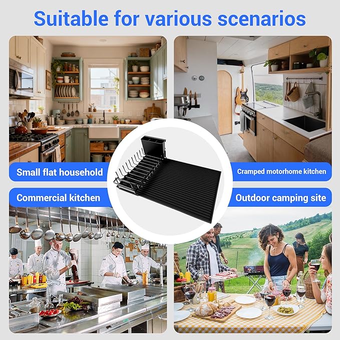 Dish Drying Rack, Stainless Steel Expandable in Sink & Countertop, Space Saving with Silicone Mat and Drying Rack for Kitchen, Rv, Commercial Use