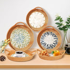Mothers Day Gifts Set – 3 Handwoven Rattan Trays with Natural Shell Inlay, Boho Decorative Wicker Serving & Coffee Table Trays with Handles for Home Decor, Candles, Snacks & Holiday Entertaining