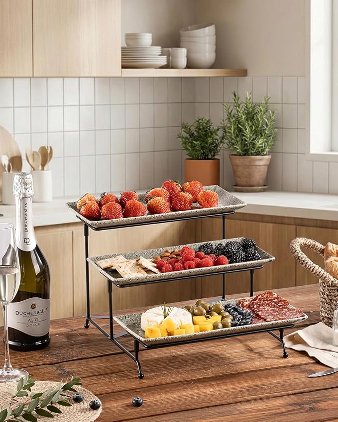 LAUCHUH 3 Tier Serving Tray, Porcelain Serving Platters and Trays for Party 12 Inch Tiered Tray Stand Cupcake Stand with Collapsible Sturdier Rack for Mother's Day Serving Food, Speckled Gray