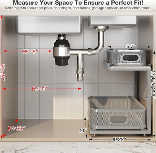 2 Pack 21IN-Depth Under Sink Organizer With Next-Gen Ball-Bearing Slides,2-Tier Precision Mesh Pull Out Cabinet Storage for Bathroom&Kitchen,Height Adjustable Drawers Shelf,Anti-rust-Grey