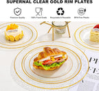 Ciaell 150PCS Clear Gold Plastic Plates - Disposable Gold Rim Plates include 25Dinner Plate, 25Dessert Plate, 25Forks, 25Knives, 25Spoons, 25Cups for Wedding & Party