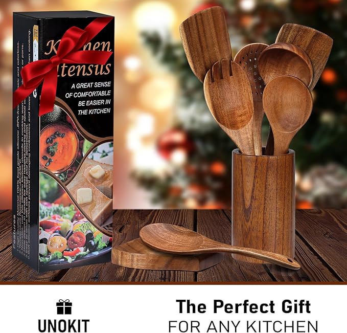 Unokit Cooking Utensils Set for Kitchen - 8 Piece Nonstick Natural Teak Wooden Spoons for Cooking, Comfort Grip Kitchen Utensils Set, Teak Wooden Utensil Set with Holder and Spoon Rest