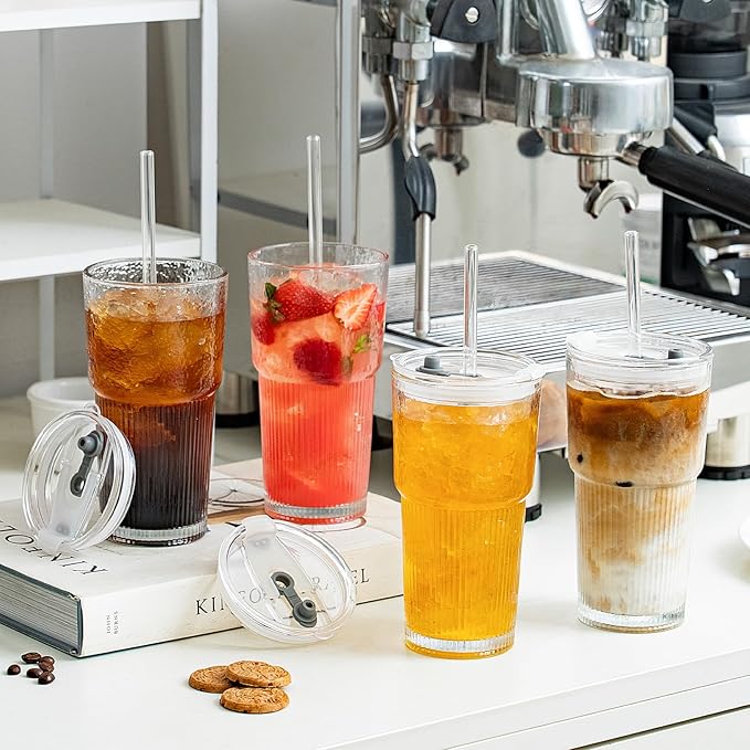 SoulTimes 20oz Glass Tumblers with Lids and Straws, Set of 2 - Stylish Ribbed Design Drinking Glasses for Iced Coffee Cups, Juice, Smoothies, Cold Beverages, Includes Cleaning Brush, Durable Glassware