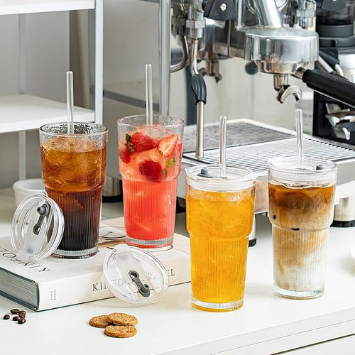 20oz Glass Tumblers with Lids and Straws, Set of 4 - Stylish Ribbed Design Drinking Glasses for Iced Coffee Cups, Juice, Smoothies, Cold Beverages, Includes Cleaning Brush, Durable Glassware