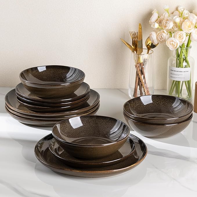 AmorArc Ceramic Dinnerware Sets,Handmade Reactive Glaze Stoneware Plates and Bowls Sets,Highly Scratch Resistant | Dishwasher & Microwave Safe Dishes Set,Service for 4 (12pc)