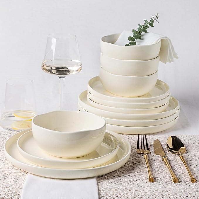 TheTerra Ceramic Dinnerware Sets for 4, 12 Pieces Porcelain Lightweight Plates and Bowls Sets, Scratch Resistant Dish Set, Oven & Microwave & Dishwasher Safe, Ivory Speckled