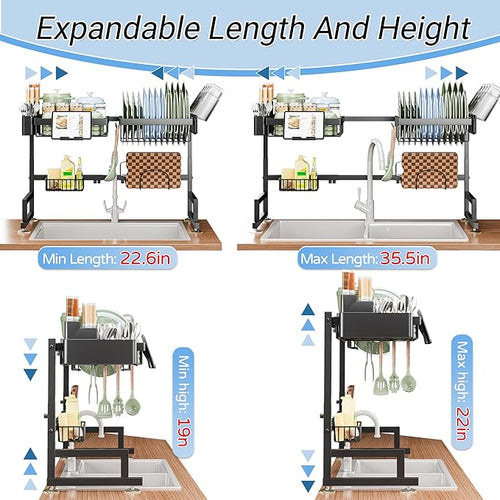 ADBIU Over The Sink Dish Drying Rack (Expandable Height and Length) Snap-On Design 2 Tier Large Dish Rack
