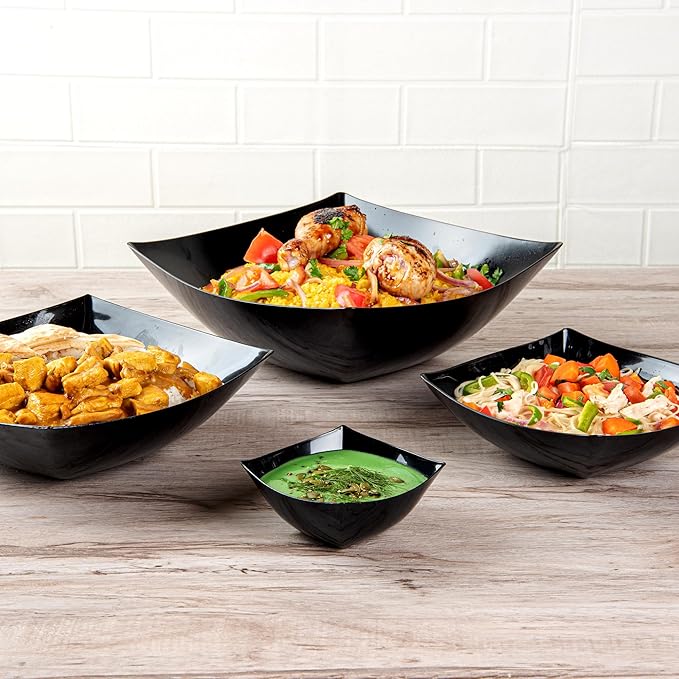 Restaurantware Moderna 8 Ounce Fancy Plastic Bowls 10 Square Disposable Salad Bowls - Durable Heavy-duty Black Plastic Bowls For Warm And Cold Foods