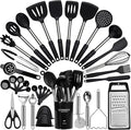Large Cooking Utensils Set, 35 Pcs Silicone Kitchen Utensils Set with Holder, Stainless Steel Handle Spatula Set, Heat Resistant Food Grade Silicone Kitchen Gadgets for Non-stick Cookware (Black)