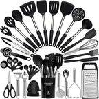 Large Cooking Utensils Set, 35 Pcs Silicone Kitchen Utensils Set with Holder, Stainless Steel Handle Spatula Set, Heat Resistant Food Grade Silicone Kitchen Gadgets for Non-stick Cookware (Black)