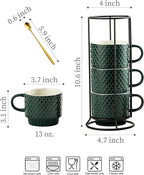 LYEOBOH Coffee Mug Set Porcelain Stackable Coffee Mugs with Stand and Spoons, 13 OZ. Cappuccino Cup Demitasse Cups for Drinks, Espresso, Latte,Set of 4, Dark Green