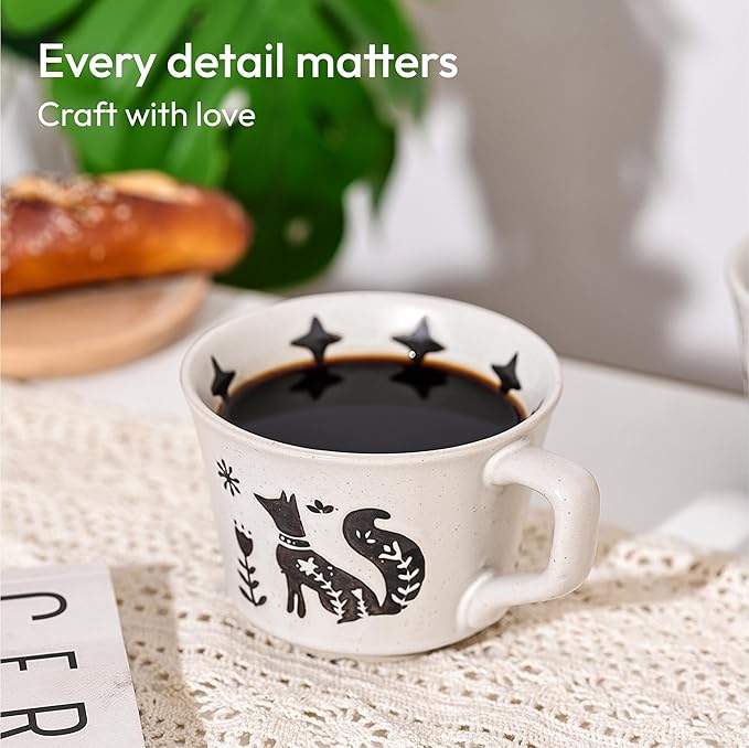 Ceramic Coffee Mug, 12 oz Small Novelty Unique Teacup with Handle, Stoneware Cup for Tea Mocha Latte Cappuccino (Set of 4, Fox and Bear)