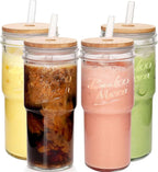 ANOTION Glass Cups with Lids and Straws 4 Packs, 24oz Travel Coffee Mug Bamboo Mason Jar Valentines Party Drinking Jars Glasses Cute Clear Glass Tumbler for Iced Coffee, Smoothie, Tea, Water