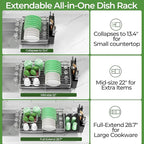 Large Dish Drying Rack, Expandable Dish Rack, Stainless Steel Anti-Rust Dish Racks for Kitchen Counter, Multifunctional Dish Drainer with Utensil Holder & Cup Holder, 13.4"-28.7" L x 11.8" W