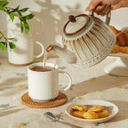 Sweese Stackable Coffee Mugs Set of 4, 10 oz Porcelain Coffee Cups with Embossed Design, White Cappuccino Cups, Stackable Mugs with Handle for Coffee, Latte, Tea