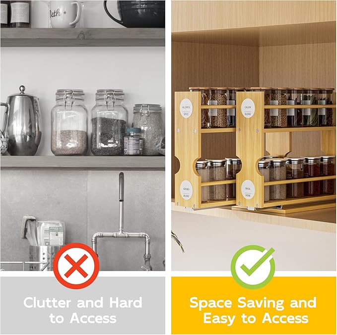 Jolitac Bamboo Pull Out Spice Rack for Cabinet, Slide Out Drawers, Space-Saving Seasoning Kitchen Pantry Sliding Vertical Organization, Easy to Install, 6" Wide, 2 Drawers(1.85" Wide), 2-Tier