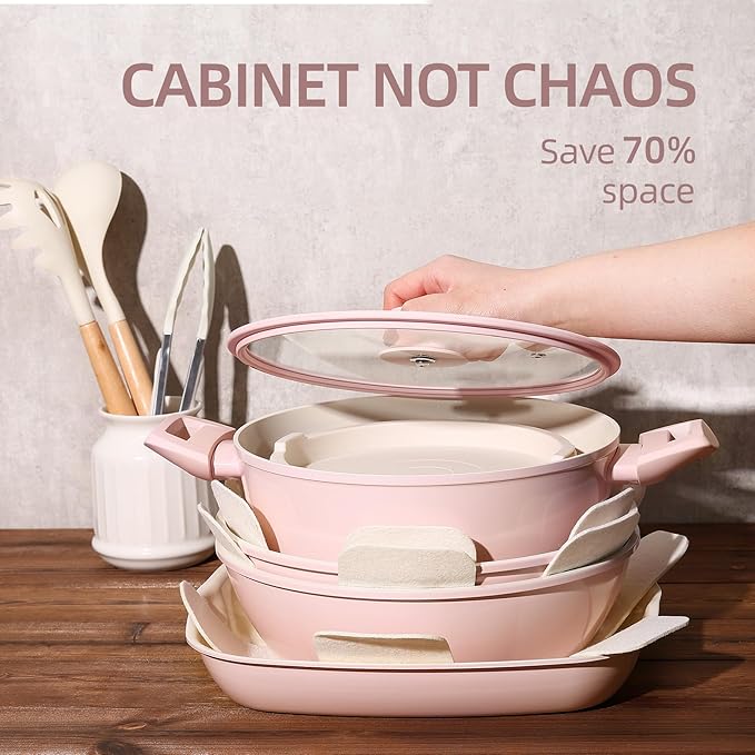 23pcs Ceramic Pots and Pans Set, Nonstick Detachable Handle Cookware, Induction Kitchen Cooking Set with Removable Handle,include Frying Pans & Saucepans Oven Safe(Pink)